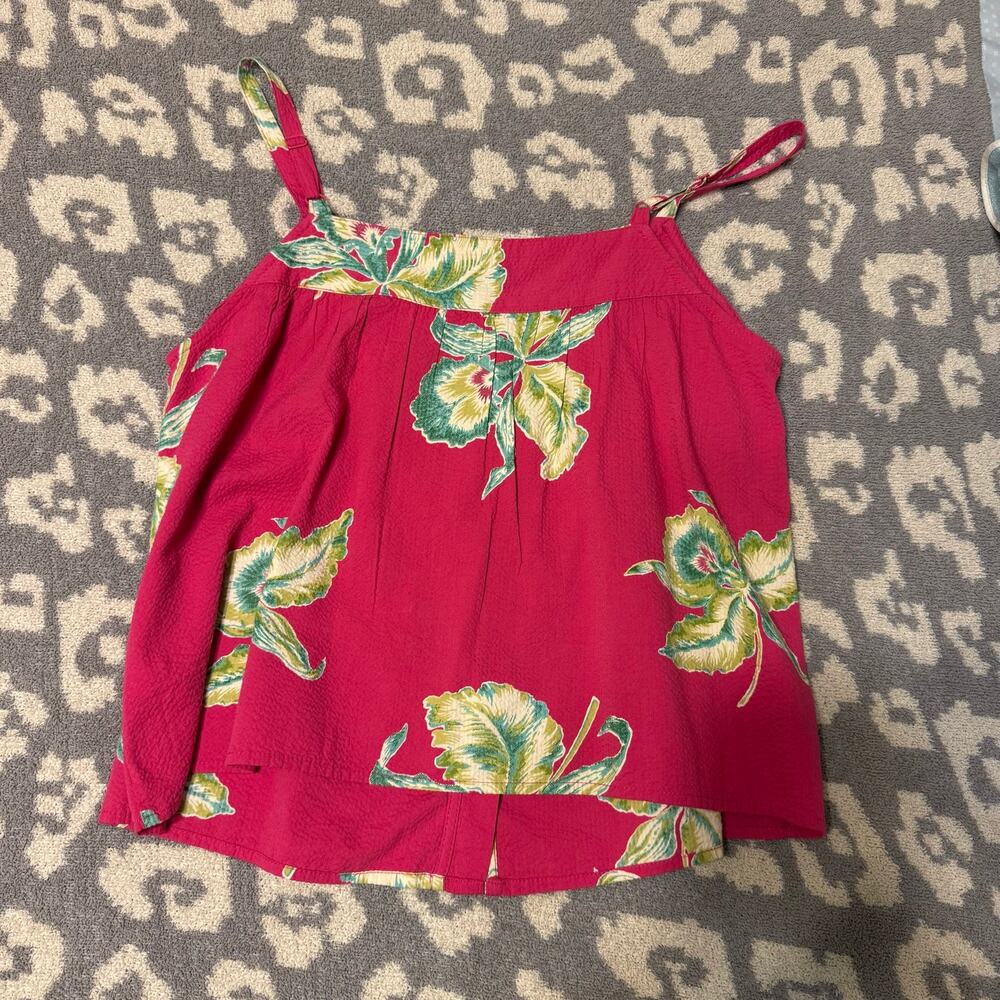 Faherty Marina Seersucker Pink/Red Tropical Floral Square Neck Preppy Summer Top - Picture 7 of 12